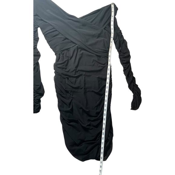 Stella Luce Bodycon Black Ruched Off the Shoulder Mini Dress Sheer Sleeves Large - Picture 7 of 11